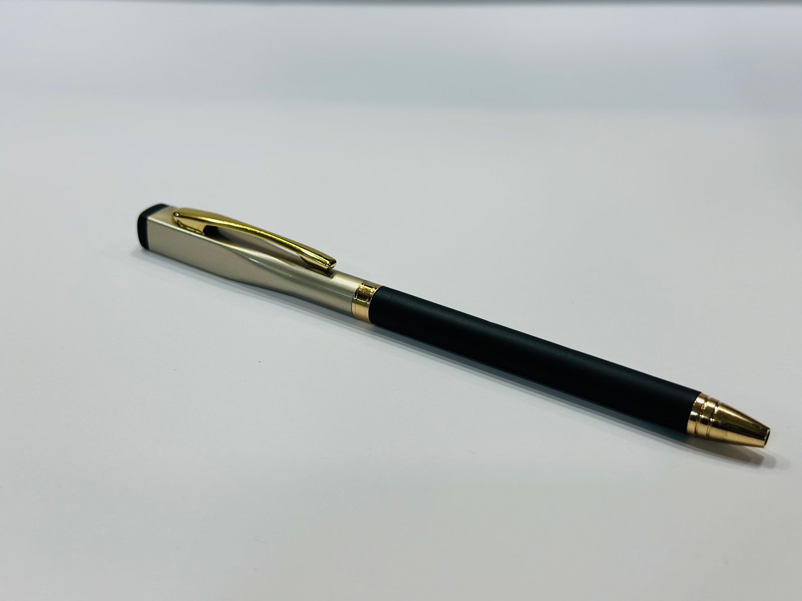 Ball Point Pen Black Metal Body Satin Grey Crafted Cap & golden Clip With Golden Trims Gift