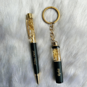 Personalized Name Printed Pen & Keychain Gift Set | Gold Flakes Pen Combo | Premium Black & Golden Design