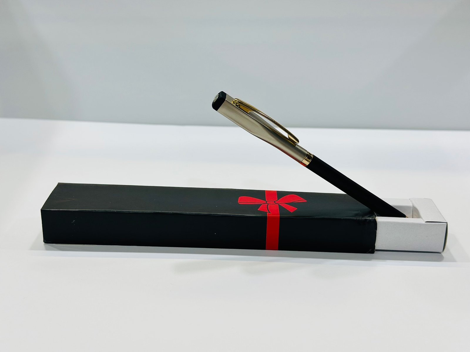 Ball Point Pen Black Metal Body Satin Grey Crafted Cap & golden Clip With Golden Trims Gift - Image 2